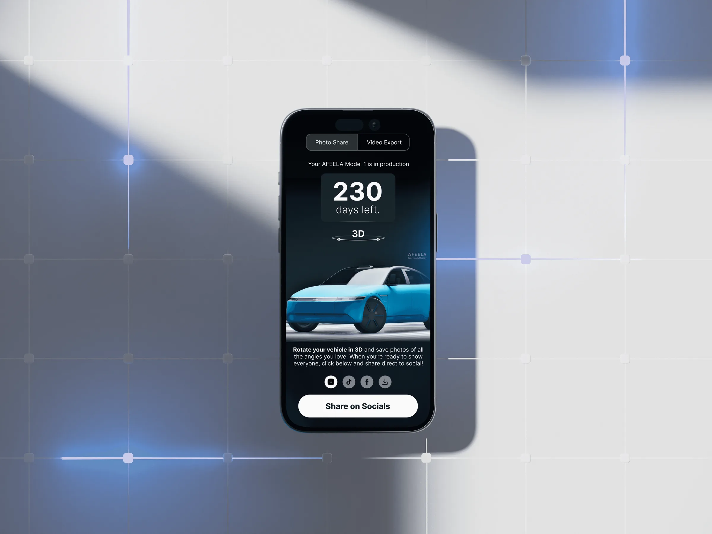 Afeela companion app production countdown and social share