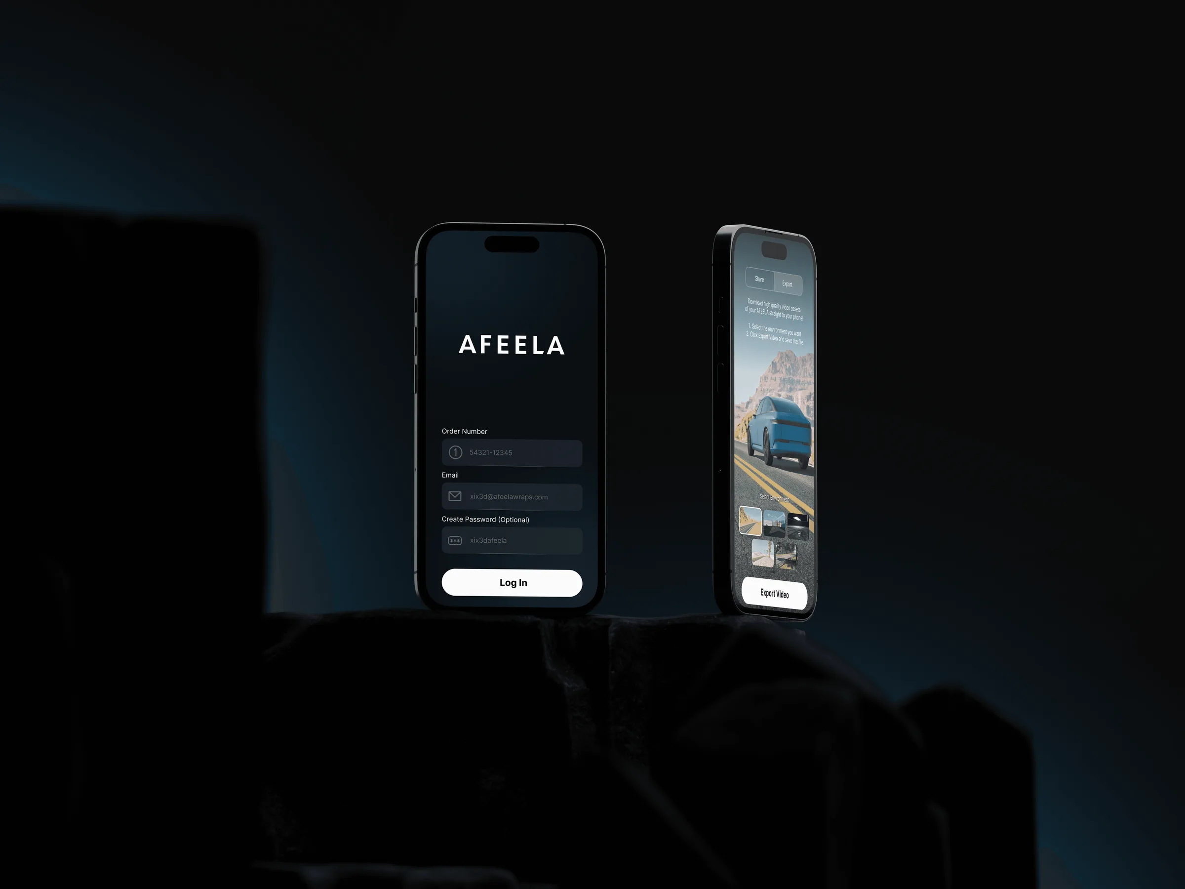 Afeela mobile app login and video export screens