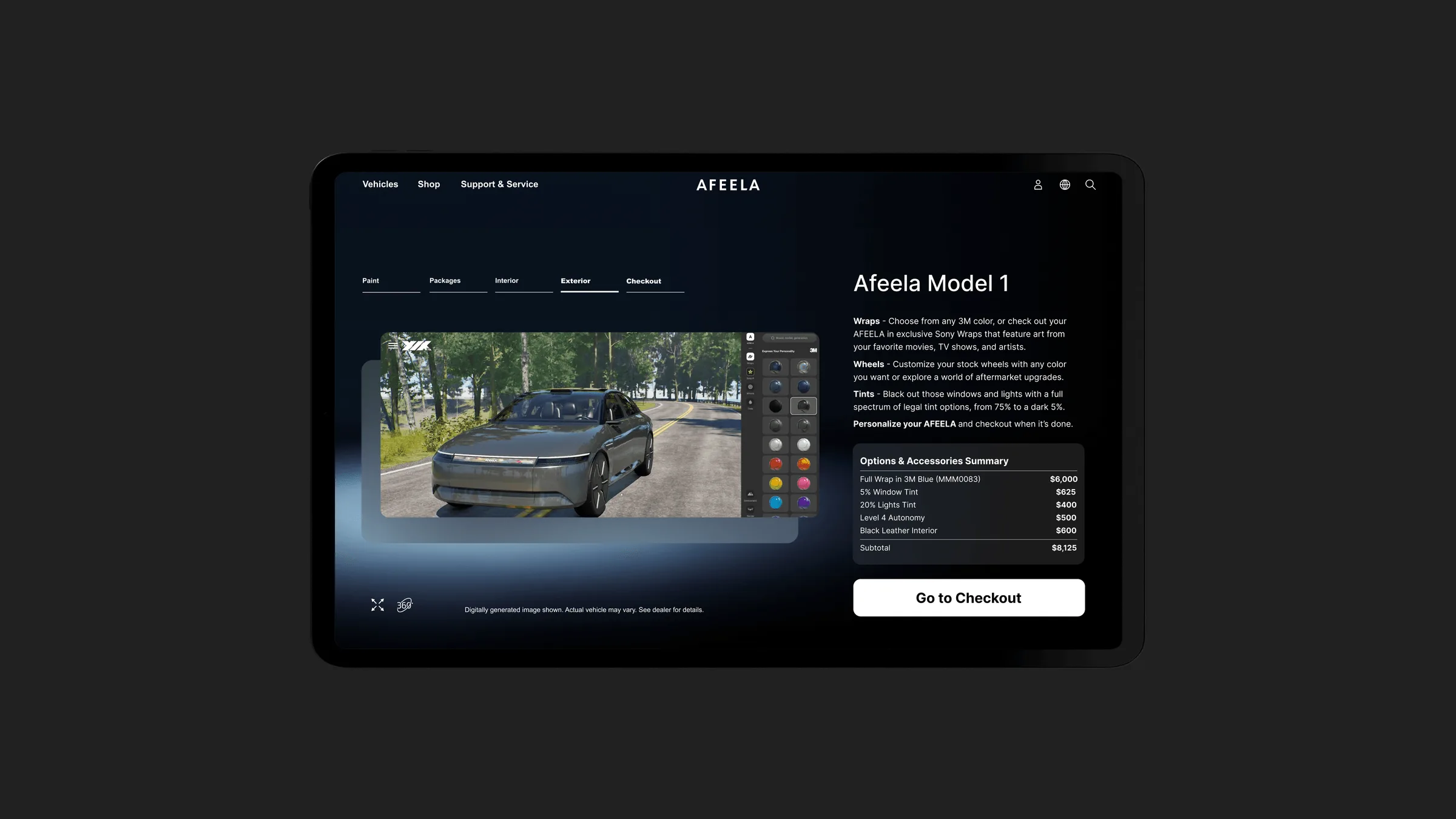 Afeela Model 1 tablet checkout with options and accessories summary