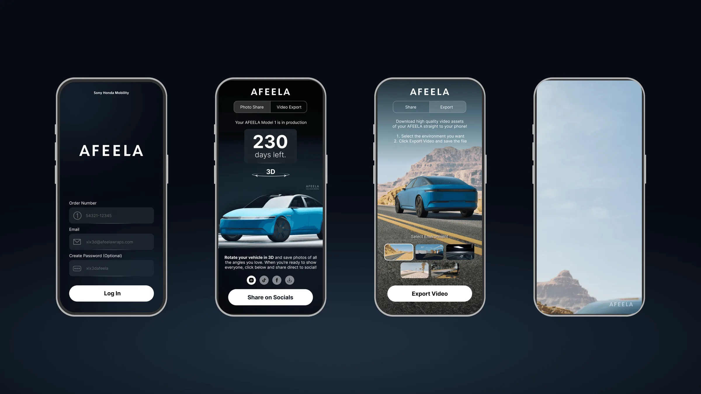 Afeela mobile app screens from login through video export