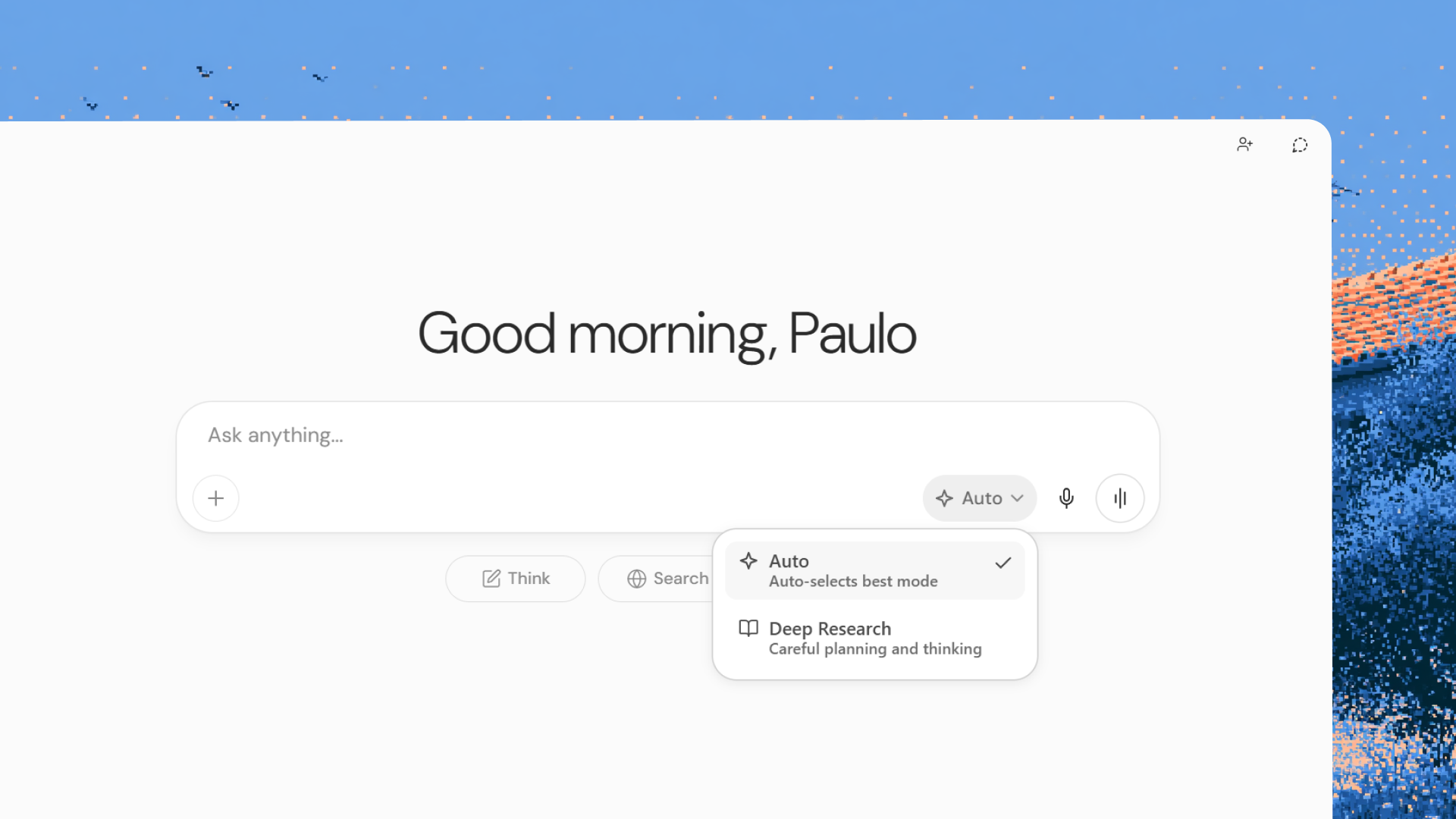 Aligned AI desktop workspace — Good morning Paulo with Ask anything input