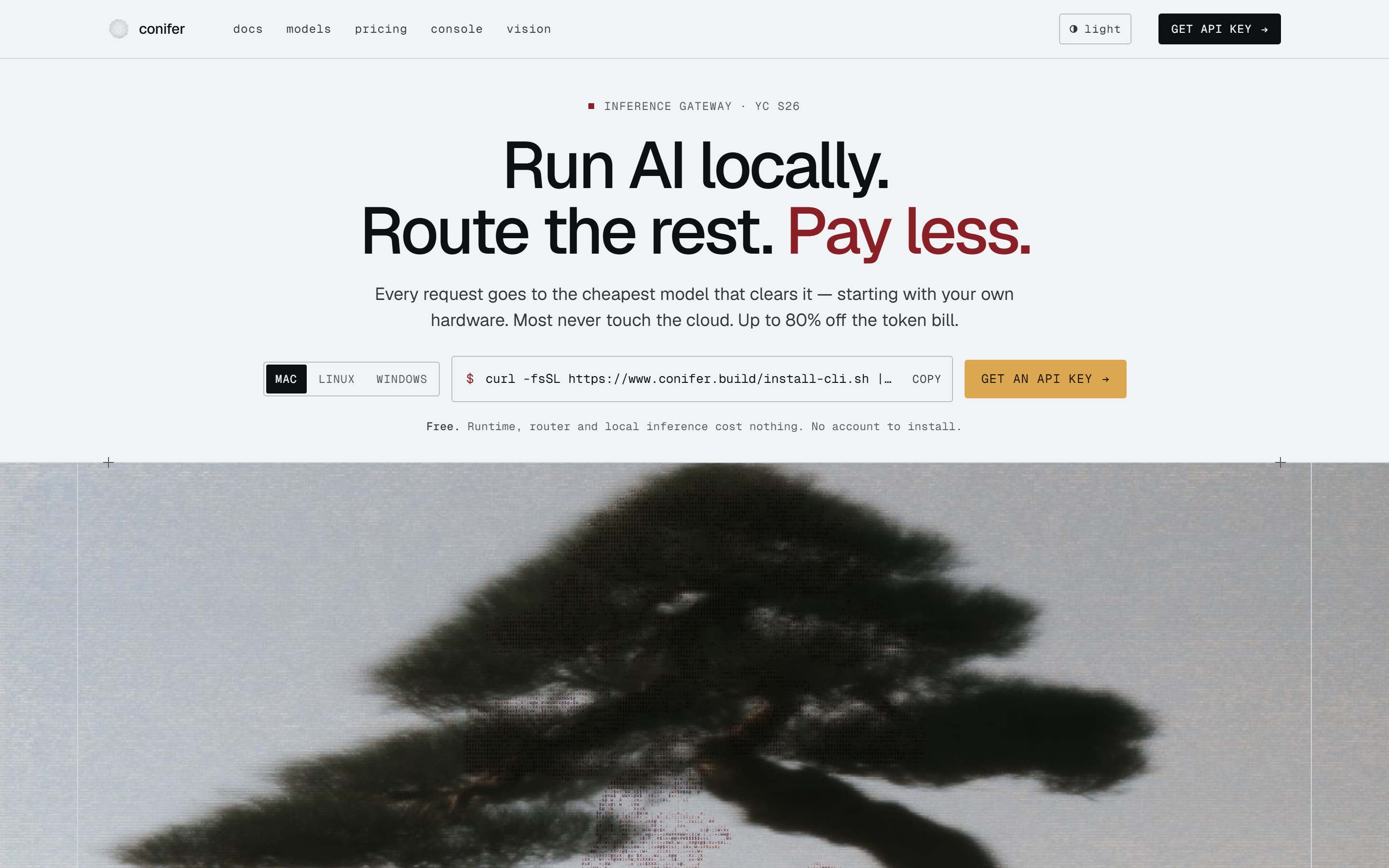 Conifer landing page — run AI locally, route the rest