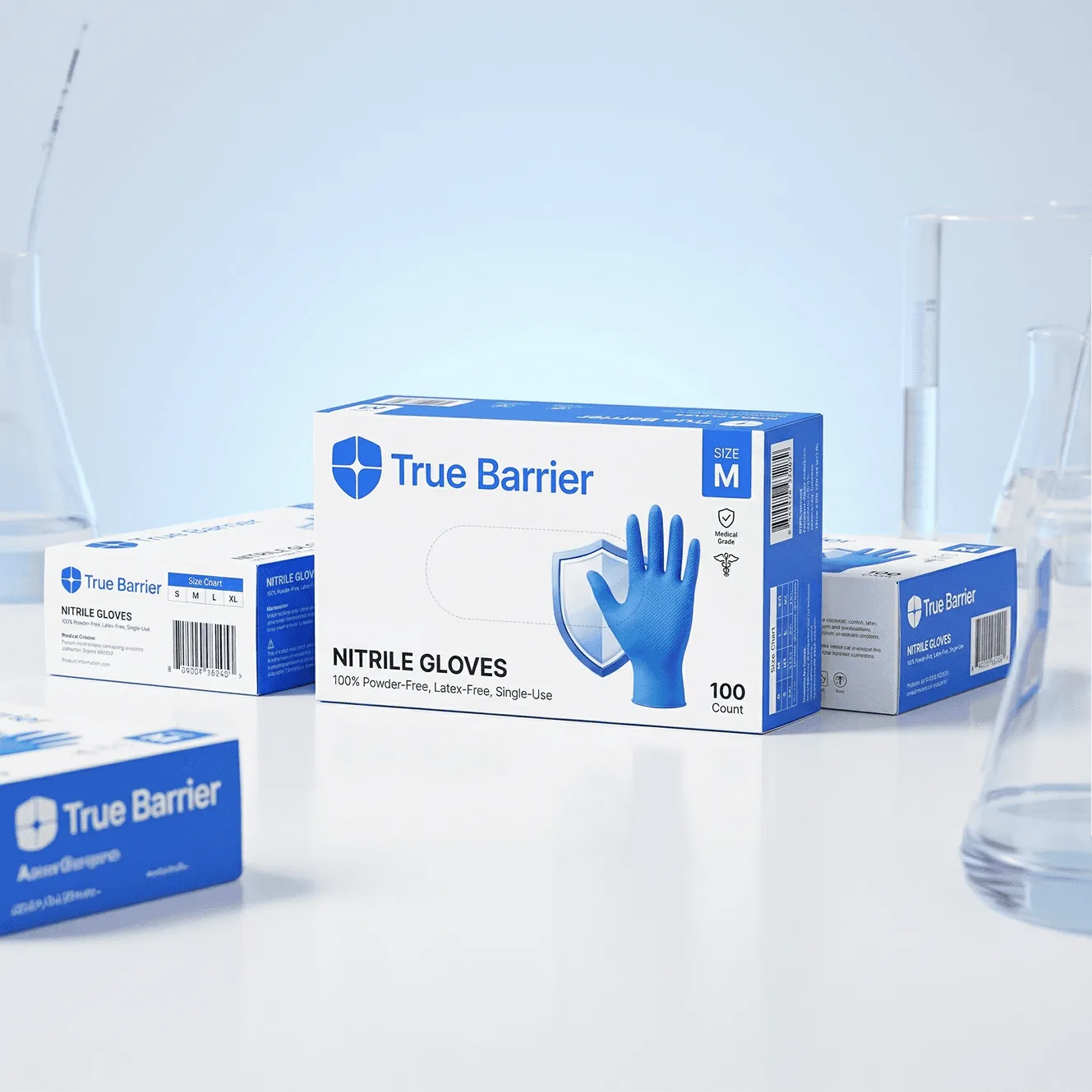 True Barrier nitrile glove packaging — medical-grade retail system
