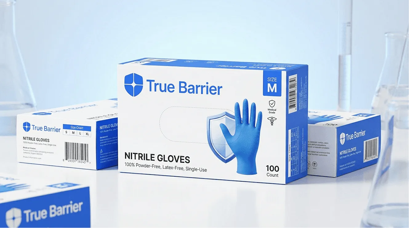 True Barrier medical nitrile gloves packaging detail