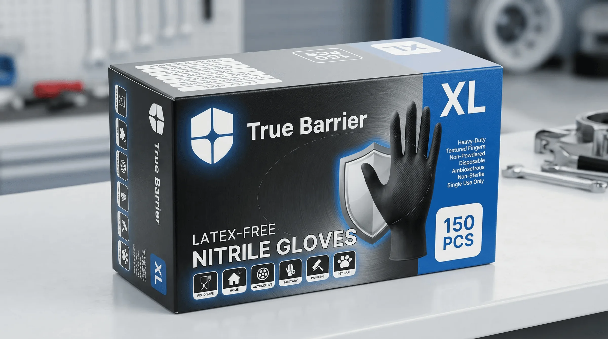True Barrier heavy-duty nitrile gloves packaging