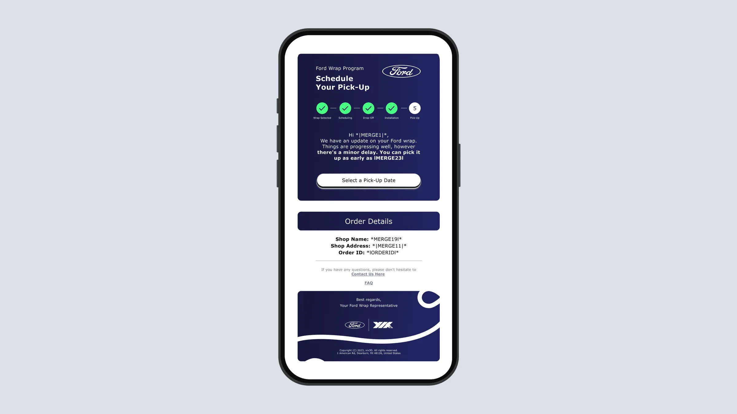 Ford Wrap Program mobile pickup scheduling and order details