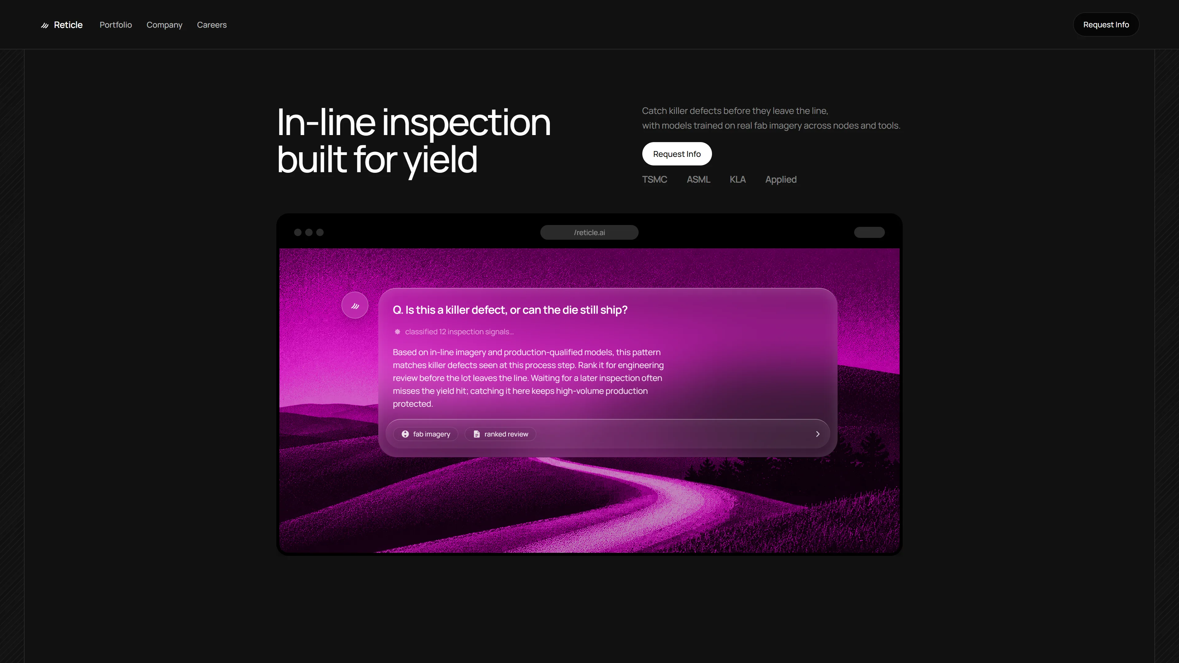 Reticle AI inspection interface — yield-focused fab tooling