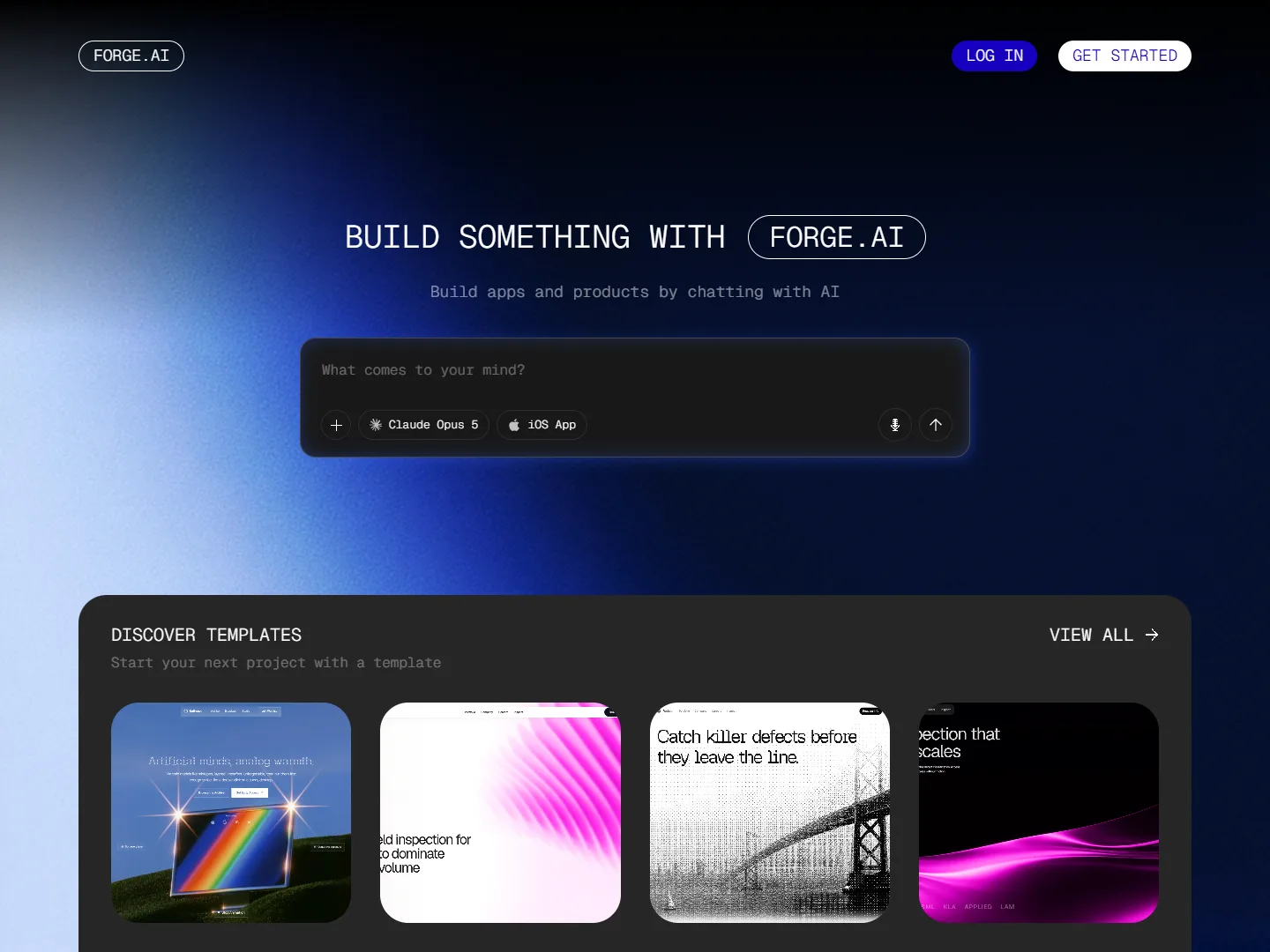 FORGE.AI landing page — build apps by chatting with AI